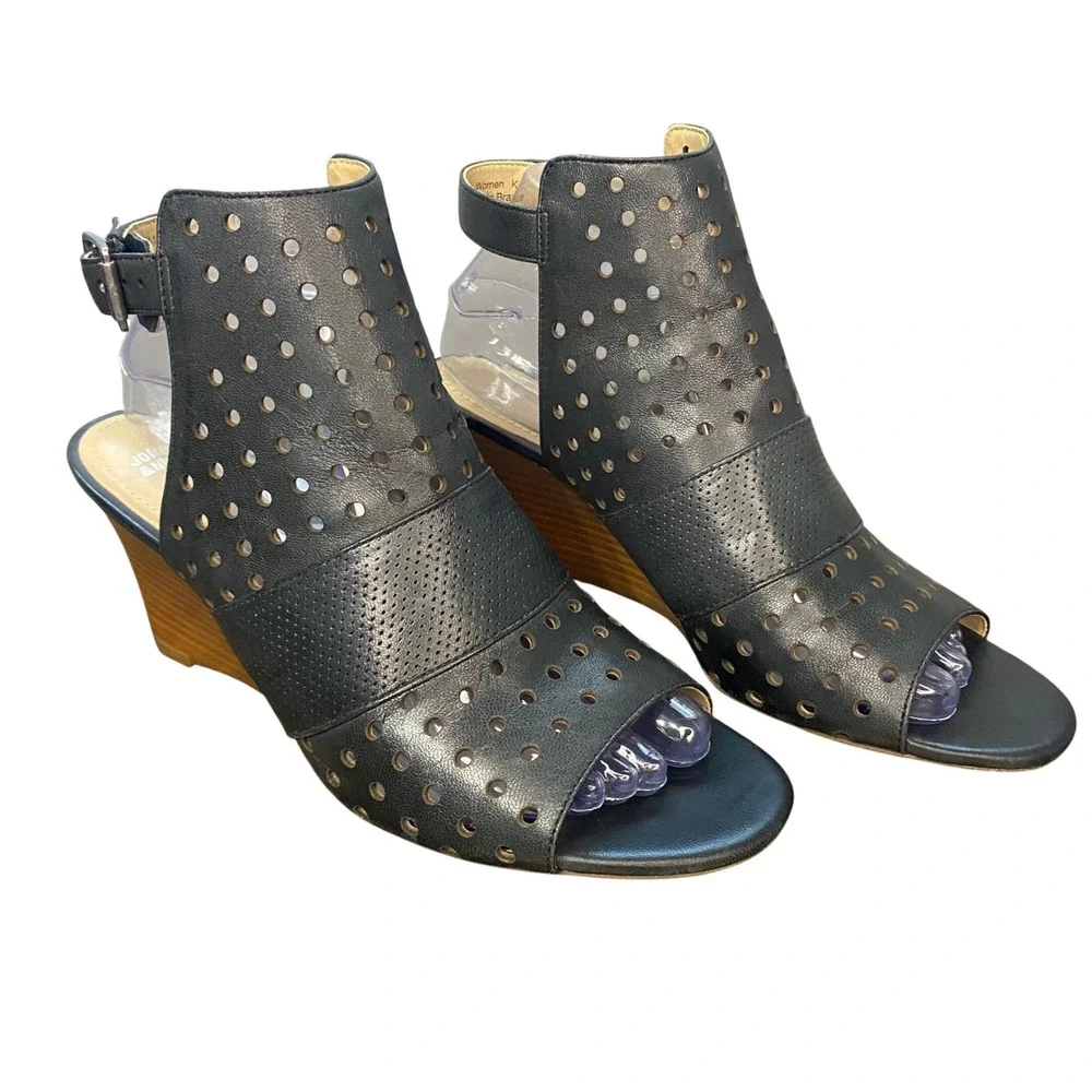 Johnston & Murphy Black Leather Perforated‎ Wedge Heel Sandal Booties Size 9